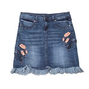 Grace In LA Denim Pink Floral Embroidered Mini Skirt